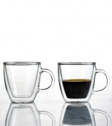 A shot of sophistication. Double-walled mugs make the perfect over-conversation piece, holding the hot and the cold of your favorite espresso blend. The heat-resistant borosilicate glass never sweats or radiates heat for a cup of comfort and bold flavor in the palm of your hand.