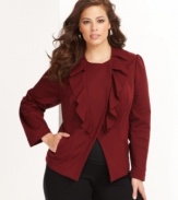 INC's plus size topper is the right choice for transitioning between seasons. Ruffles and an asymmetrical closure give it a unique look. (Clearance)