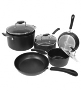 Where statement style & outstanding performance meet. This confident collection pairs heavy-forged aluminum with stainless steel to create incredibly heat-conductive pieces for even, perfect results. A nonstick, dishwasher-safe construction takes the hassle right out of cooking & cleanup. Lifetime warranty.