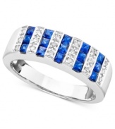 Striped to perfection. Sparkling rows of princess-cut sapphires (9/10 ct. t.w.) and round-cut diamonds (1/10 ct. t.w.) combine for cheery and bright design. Set in 14k white gold.