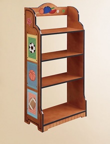 Your little athlete can store his trophies, sports memorabilia, books and other boy stuff on this fun, four-shelf bookcase, delightfully hand-painted with colorful sports motifs.Hand-carved and hand-paintedSturdy MDF wood construction49H X 24W X 11.5DImportedRecommended for ages 3 and up Please note: Some assembly required. 