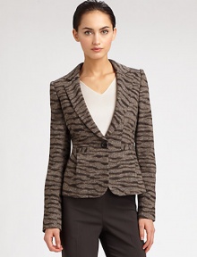 Elongated lapels and subtle pleats shape this chic animal-patterned jacket.Notched lapelsLong sleevesButton closureWelt pockets with pleatsBack ventFully linedAbout 21 from shoulder to hem73% wool/17% polyamide/10% silkDry cleanMade in Italy of imported fabricModel shown is 5'11 (180cm) wearing US size 4. 