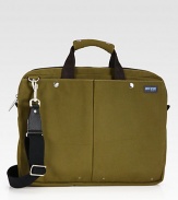 Inspired by a vintage pilot's bag, this brief has two exterior patch pockets that can both fit tablet computers. Interior functionality includes key fob, laptop sleeve, zip pocket and pen pockets.Zip closureDouble top handlesAdjustable, removable shoulder strapExterior patch, interior zip pocketsNylon16W x 12H x 2DImported