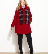 Raglan-seamed sleeves update London Fog's wool-blend plus size walker coat. A removable coordinating plaid scarf completes the look.