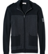 Stay warm, look cool in this stylish printed stitch cardigan from DKNY Jeans.