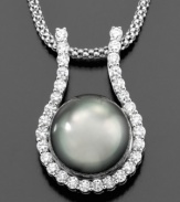 Beauty that makes the world go round. This gorgeous necklace features a Tahitian pearl (11-12 mm) and round-cut diamonds set in 14k white gold. Approximate length: 16 inches. Approximate drop: 3/4 inch.