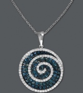 Mesmerizing good looks. Bella Bleu by Effy Collection's stunning swirl pendant will have you totally entranced with its chic circular shape and round-cut blue diamond (1-3/8 ct. t.w.) and white diamond (1/3 ct. t.w.) decor. Setting and chain crafted in 14k white gold. Approximate length: 18 inches. Approximate drop length (with bale) 1-1/16 inches. Approximate drop width: 13/16 inch.