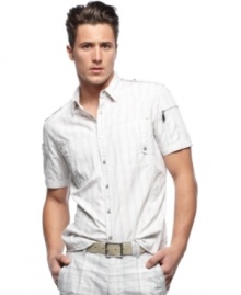 Preppy-plaid is countered with downtown hip details like epaulets and zip pockets on this shirt from INC International Concepts to round out your casual look.