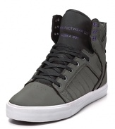 Take your style back to the future. This paneled high-top sneaker has an oversized tongue and collar and purple accents.