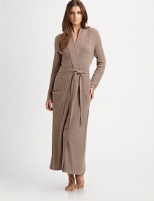 EXCLUSIVELY AT SAKS. This elegant cable-knit basic of luxurious cashmere is perfect for quiet evenings. Shawl collarDropped shouldersSelf-tie waistFront patch pocketsCashmereDry cleanImported