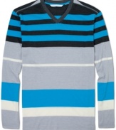 Striping it rich: Sean John designs a  V-neck knit top in a four-season cotton blend spiked with the surprise of irregular stripes.