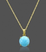 A single drop of color adds a touch of summer to your look. Carlo Viani's round-cut turquoise pendant (1-5/8 mm) pops within a rich, 14k gold setting and chain. Approximate length: 18 inches. Approximate drop: 1/4 inch.