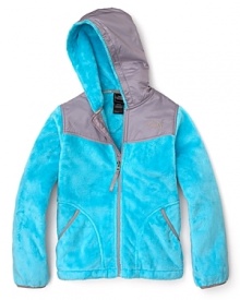 A bright way to warm up, The North Face® two-toned hoodie with front logo and slant pockets.