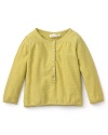 A cheerful yellow henley sweater by Pearls & Popcorn is a vibrant addition to basic jeans or leggings,