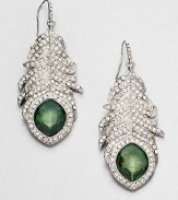 From the Emerald City Collection. Fabulous feather-shaped drops are long on drama and shimmer, with rows of channel-set clear stones and a faceted deep green eye at the tip.Glass and plasticSilvertoneLength, about 3Width, about 1Ear wireImported