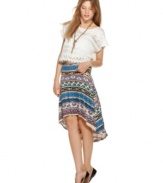 In a hot hi-lo hem, this global geometric-printed Bar III skirt is perfect for a southwestern-inspired look!