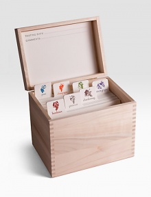 A thoughtful and elegant gift for any wine collector or wine lover, this handsome wood box includes tasting cards, letterpressed by hand on creamy cotton stock, plus dividers for organizing them along with their respective labels.Original Charles Fradin grape illustrationsLetterpressed by hand100% cotton stock8W X 6.75H X 5.75D85 cards plus 7 dividersGold-stamped wood boxMade in USA