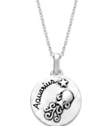 Humanitarian, honest, loyal & intuitive. Unwritten's chic Zodiac pendant features the signature Aquarius design with these unique qualities listed on the reverse side. Set in sterling silver. Approximate length: 18 inches. Approximate drop: 3/4 inch.