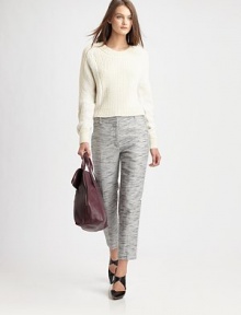 Contrasting side stripes and cropped-leg construction add sporty-chic vibes to these marled trousers. Front zipperContrasting side stripesBack besom pocketsSilk liningRise, about 10Inseam, about 27Body: 63% linen/37% cotton; Contrast: RayonDry cleanImportedModel shown is 5'10 (177cm) wearing US size 2.