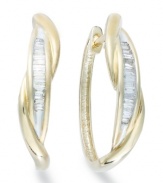 Up your glam factor. Yell'Ora's chic twisted hoop earrings showcase baguette-cut diamonds front and center (1/4 ct. t.w.). Base metal made from a combination of pure gold, sterling silver and palladium. Approximate diameter: 3/4 inch.