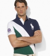 Designed exclusively for Ralph Lauren's collection celebrating the Wimbledon Championships, a classic short-sleeved polo shirt is tailored for a trim, modern fit from breathable cotton mesh in a preppy color-blocked design.