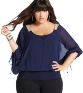 Toast the weekend in style with Baby Phat's three-quarter-sleeve plus size top, featuring embellished shoulders.