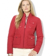 Lauren Ralph Lauren's plus size lightweight barn jacket boasts an elegant quilted silhouette and is finished with a mockneck collar and chic hardware for a classic cold-weather look.