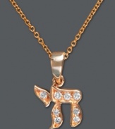 In Hebrew, Chai stands for the word life. This symbolic and special pendant from Effy Collection features the intricately-crafted Chai symbol decorated by round-cut diamonds (1/10 ct. t.w.). Crafted in 14k rose gold. Approximate length: 18 inches. Approximate drop length: 1/2 inches. Approximate drop width: 3/8 inch.