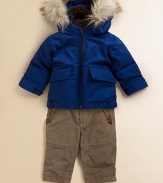 Warmth comes from everywhere - the down fill, the cozy cotton sherpa-like lining in the hood and the fluffy faux fur trim.Attached hood with plush sherpa lining and removable faux fur trimFront zip closeButton cuffsTwo front flap pocketsElasticized bottomNylon liningCotton; down fillDry cleanImported