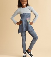 A solid bodice connects to a mock faded jean print skirt with a sequin-accented graphic and asymmetrical hem for a cute look.Crewneck Long sleeves Pullover style A-line silhouette Empire waist Inverted U-shaped hem 85% rayon/15% spandex Hand wash Additional InformationKid's Apparel Size Guide 