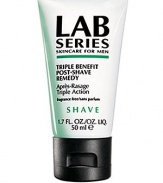 Triple Benefit Post Shave Remedy. Breakthrough gel treatment formula delivers three benefits in one: Helps to relieve and prevent ingrown hairs. Helps soothe and prevent irritation associated with razor bumps. Softens and refines beard hair after only 4 weeks of use, for easier, less frequent shaves. Helps delay the appearance of five o'clock shadow. Absorbs quickly, leaves skin soothed, refreshed and comfortable. 1.7 oz. 