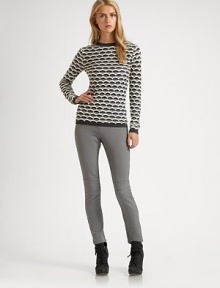 Accented with cool, silvertone zippers, these sexy skinny pants make a streamlined and stylish silhouette.Zip-fly with single snap closureBelt loopsDual zippered welt front pocketsTrapunto stitch at kneeSkinny fit50% nylon/46% viscose/4% elastaneDry cleanImported