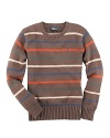 A multi-striped crewneck sweater is perfectly preppy for any season in a flat-knit blend of cotton and wool.