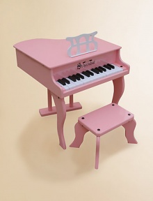 Award-winning baby grand is elegantly designed, yet extremely durable and sturdy. The 30 full-sized keys provide your child the opportunity to learn proper finger stretch, basic music concepts and playing skills. Chromatically tuned Chime-like notes Play-by-color with removable color strip Songbook included For ages 3 and up High gloss finish on hardboard 23 lbs. Piano: 20W X 19¼H X 20½D Bench: 12W X 9¼H X 5¾D Imported