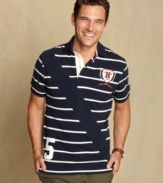 Collegiate cool is always in. This striped and crested polo from Tommy Hilfiger adds some preppy style to your fall wardrobe.