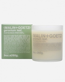 MALIN+GOETZ is pleased to introduce two new candles: Tobacco and Geranium Leaf-modern interpretations to traditional perfumery concepts. Tobacco and Geranium Leaf perform together to create a unique healing ambiance of relaxation and sensory balance that subtly fills a room. This intoxicating tobacco candle synthesizes botanical and medicinal properties of traditional apothecary origin for a smooth, smoky aroma and entheogenic experience. Pair with the uplifting Geranium Leaf candle to create a unique blend for sensory balance. select ingredients.Top notes: Basil and Rye; Middle notes: Chestnut Honey and Ylang Ylang; Base notes of Tobacco Leaves, Guaiacwood and Bourbon Vanilla. This intoxicating Tobacco candle is designed to be burned on its own or with our uplifting Geranium Leaf candle creating a unique blend and perfect sensual experience. Each candle has approximately 60 hours of burn time. When burning for the first time, we recommend burning for a minimum of 2-3 hours for optimum performance. This is due to the new, earth-friendly blend of natural beeswax, vegetable and soy waxes. Afterwards, we recommend not burn for more than 3 hours at a time. Keep clear of flammable materials.