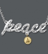 Sweet, sparkling and symbolic. This pretty peace pendant is encrusted with round-cut diamonds (1/6 ct. t.w.) and features a 14k gold peace sign charm. Crafted in sterling silver. Approximate length: 18 inches. Approximate drop: 1-1/4 inches.