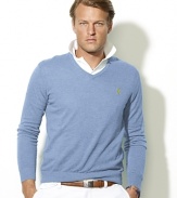 The epitome of preppy style, a handsome long-sleeved V-neck sweater is knit from plush cotton and cashmere yarns for a luxuriously soft hand.