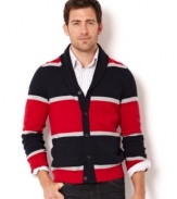 Dress in quintessential fall style with this striped shawl collar cardigan from Nautica.