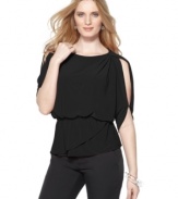 T Tahari's petite blouson top features a flattering silhouette and a dash of drama with split sleeves from shoulder to elbow.