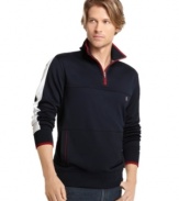 With soft fleece lining, this Izod quarter-zip track jacket gives you a comfortable style for an easy workout or around-the-house style.