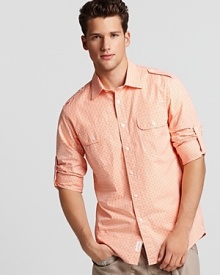 Tailored epaulets and button tab sleeves add structured style to this Michael Kors shirt in a cheerful melon check.