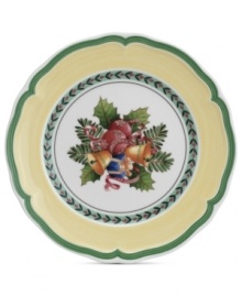 Dress up French Garden dinnerware for the holidays with the festively adorned French Garden Noel accent plate from Villeroy & Boch. A scalloped edge, yellow border and holly trim complete a beautiful Christmastime table.