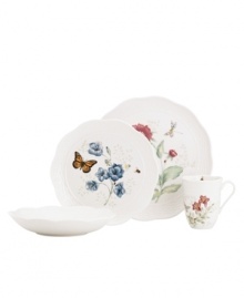 A taste of country living from Lenox. Made of elegant white porcelain, the Butterfly Meadow Basket place settings combine scalloped edges, textured detail and whimsical springtime motifs for unparalleled charm. Qualifies for Rebate