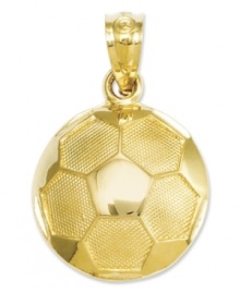 The perfect gift for the aspiring Lionel Messi or Abby Wambach. Crafted from polished and textured 14k gold, this soccer ball is an instant win. Chain not included. Approximate length: 3/4 inch. Approximate width: 1/2 inch.