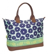 Carry on and carry on in style! A perfectly sized carryall made from all-organic cotton with leather handles and detailing strikes a stylish chord on every trip you take. The colorful patterned exterior and contrast interior makes this a take-everywhere duffel that offers endless options in organization with multiple interior pockets. 1-month warranty.