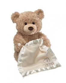 Peek a Boo Bear is holding a soft blanket with a satin trim. Press bear's foot to play a game of Peek a Boo. The Bear's arm will move up and down bringing the blankets with him to cover and expose his eyes.