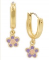 Petals with panache! Lily Nily's children's drop hoop earrings are set in 18k gold over sterling silver with purple enamel flowers adding a whimsical and stylish touch. Item comes packaged in a signature Lily Nily Gift Box. Approximate drop: 3/4 inch. Approximate width: 1/4 inch.