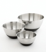 A bowl with a stable surface and measurement markings will make any mixing task a pleasure to perform. These bowls are made from classic stainless steel, but feature a thoughtfully designed silicone base to help keep a nonskid bond with any surface. Limited lifetime warranty.