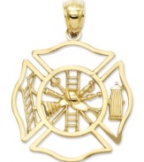 Honor a courageous fireman (or woman) with this symbolic charm. Crafted in 14k gold, charm features a shield with a ladder, hat, and fire hydrant. Chain not included. Approximate length: 1-1/10 inches. Approximate width: 4/5 inch.